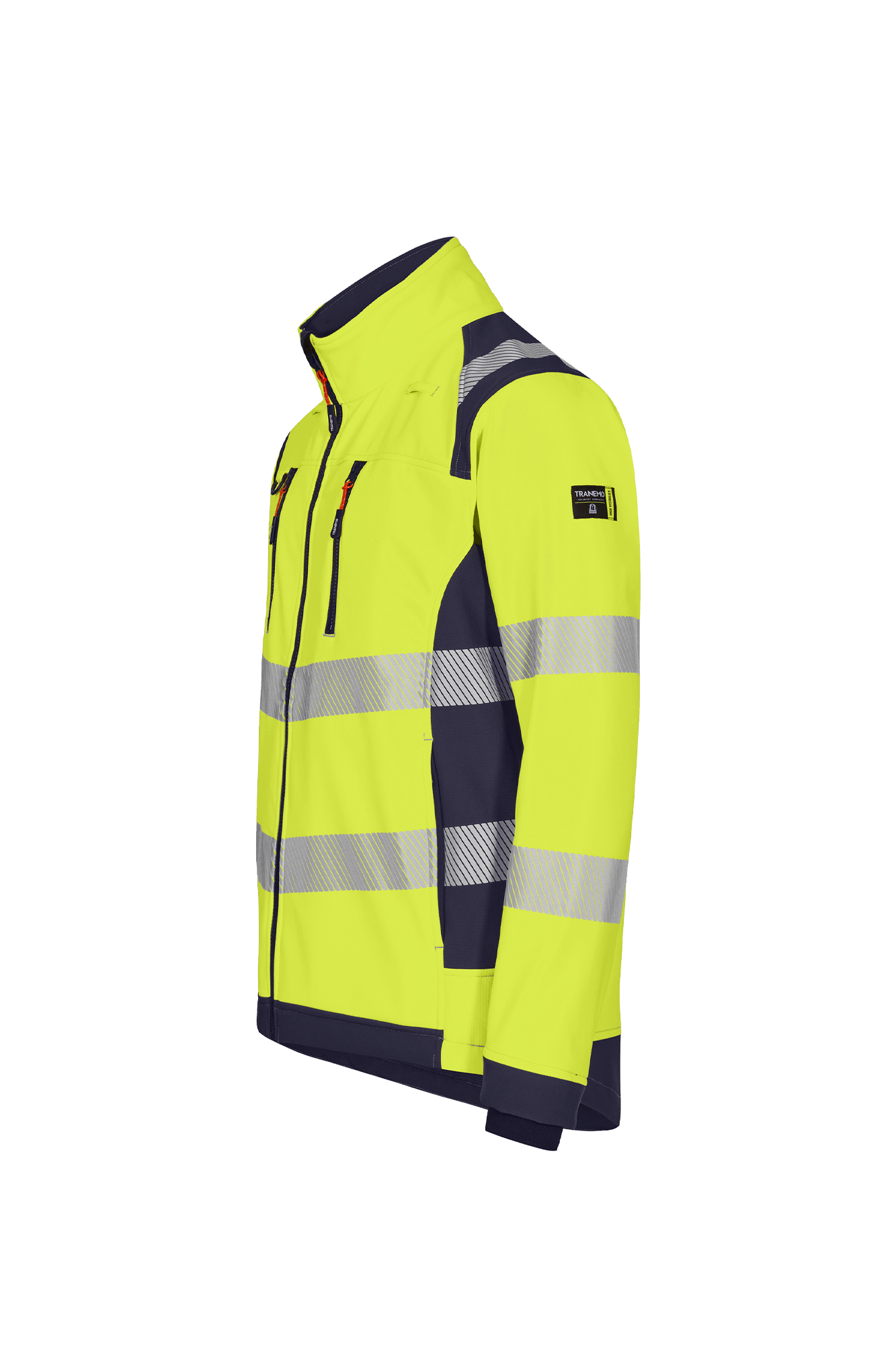 Tranemo Vision HV Hi-vis softshell jakke venstre - tranemoshop.dk #farve_gul marineblå