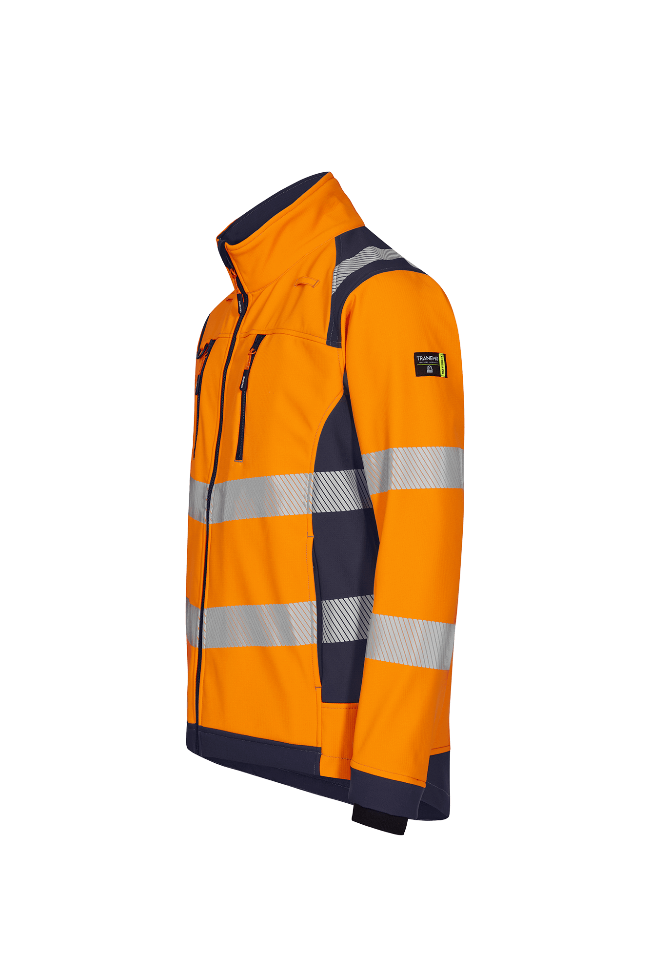Tranemo Vision HV Hi-vis softshell jakke venstre- tranemoshop.dk #farve_orange marineblå