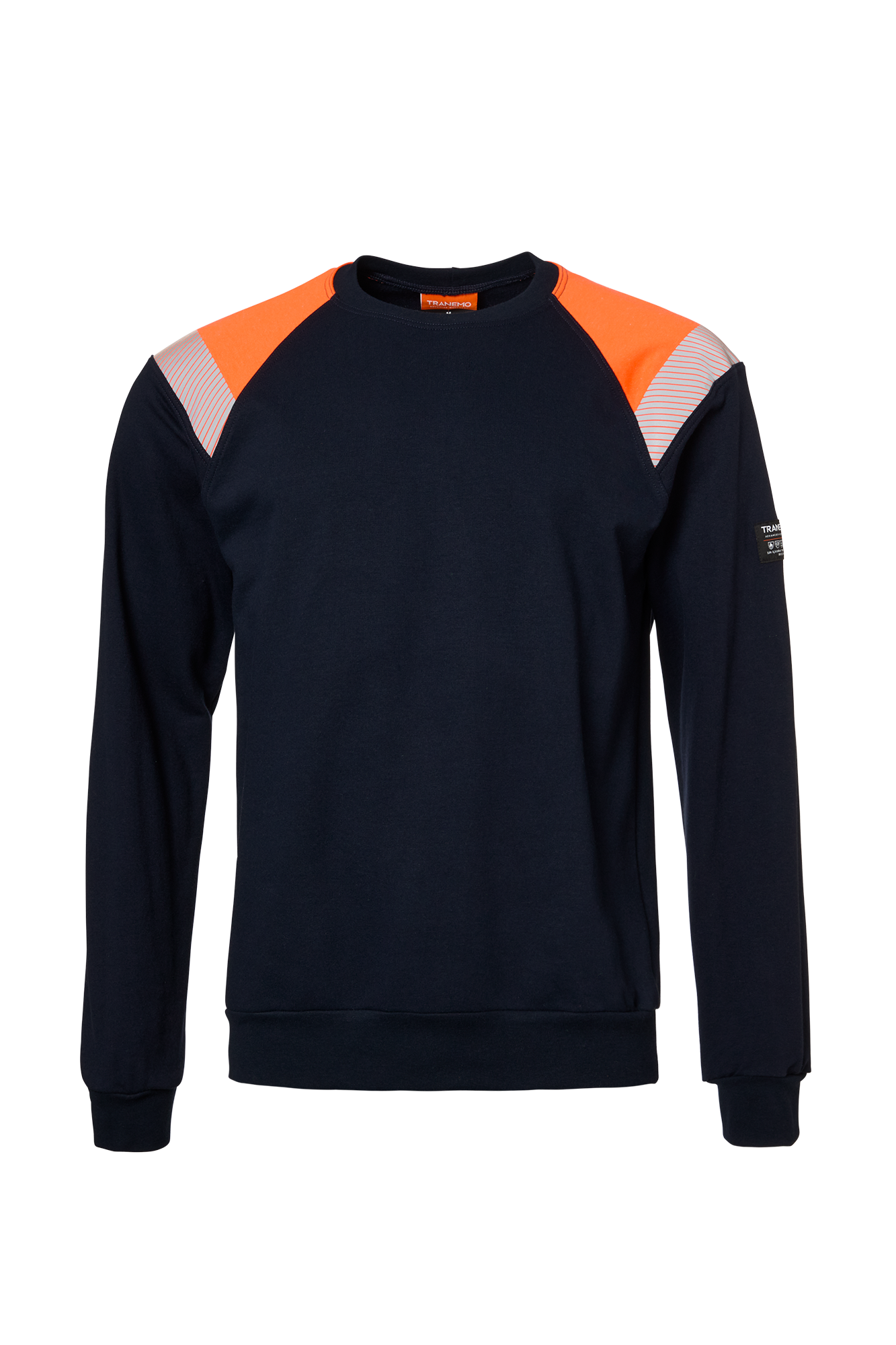 Flammehæmmende navy sweatshirt med orange skuldre (APC 1 / ELIM: 8.6 cal/cm² / EBT: 11,0 cal/cm²)